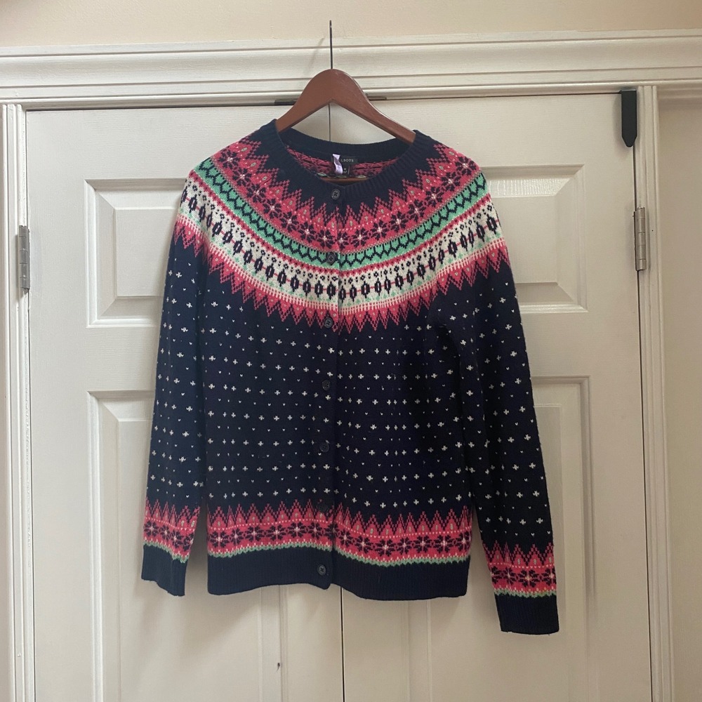 Talbots Fair Isle Cardigan Sweater Scarf Women Medium Navy Blue Cottagecore